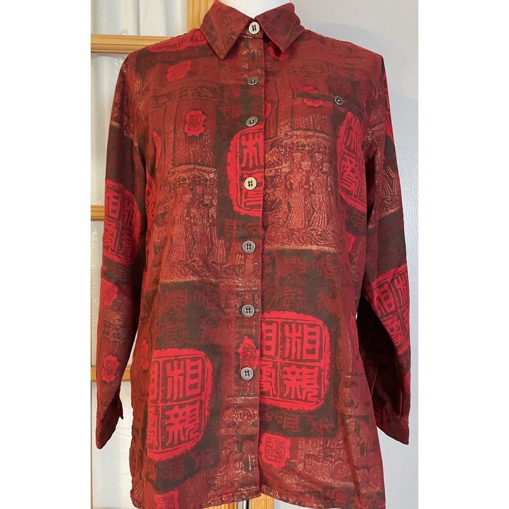 90s Chicos Design Button Up Top Sz 1/US M Red Asian Pattern Long Sleeve Classic